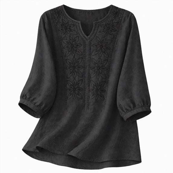 Embroidered Tops for Women Retro Cotton Linen 3/4 Sleeve Boho Shirts Summer Dressy Casual Flowy Blouse