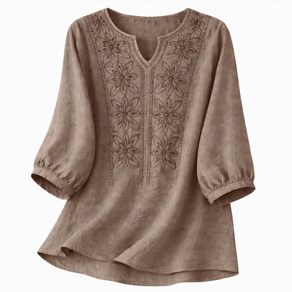 Embroidered Tops for Women Retro Cotton Linen 3/4 Sleeve Boho Shirts Summer Dressy Casual Flowy Blouse