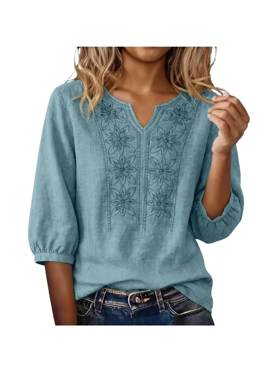 Embroidered Tops for Women Retro Cotton Linen 3/4 Sleeve Boho Shirts Summer Dressy Casual Flowy Gauze Peasant Blouse