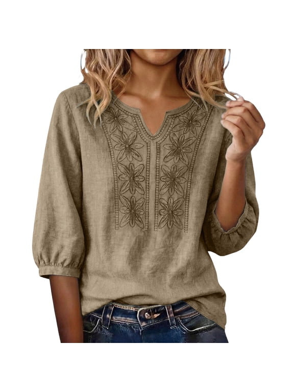 Embroidered Tops for Women Retro Cotton Linen 3/4 Sleeve Boho Shirts Summer Dressy Casual Flowy Gauze Peasant Blouse