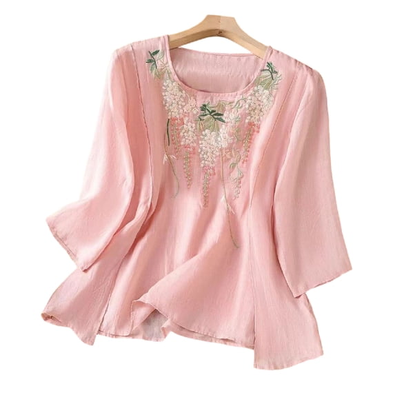 Embroidered Tops for Women Spring Cotton Linen 3/4 Sleeve T Shirts Boho Peasant Gauze Tunic Top