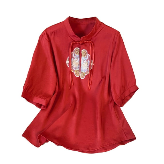 Embroidered Tops for Women Vintage Floral Print Summer Fall Trendy 3/4 Sleeve V Neck Shirts Tie Button Down Round Neck Casul Blouses,Red,2XL