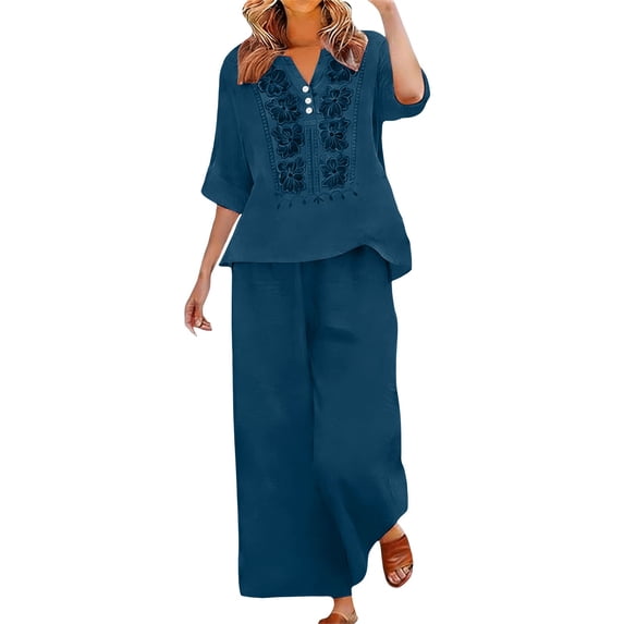 Embroidered Two Piece Set Matching Linen Sets Women Clothing Linen Beach Set Pants Sets Women 2 Piece Outfits Wide Leg Pants Lounge Set Womens Suits 2 Piece Set Business Beach Travel Set