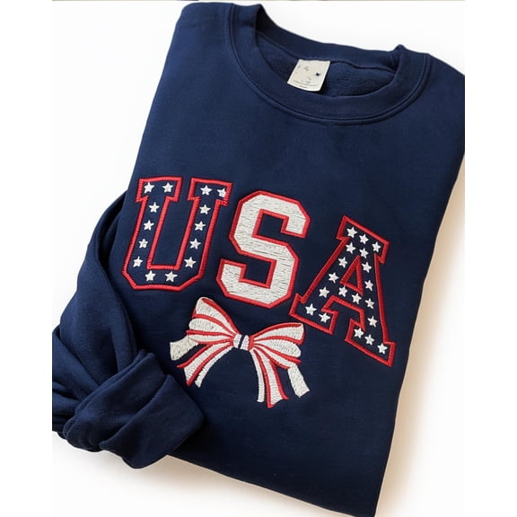 Embroidered USA 4th Of July Sweatshirt, USA Embroidery Shirt, Patriotic Tee, American Flag and Dainty Bow Embroidered Crewneck