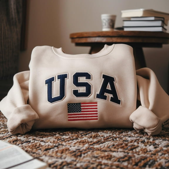 Embroidered USA Flag Sweatshirt, Patriotic Crewneck