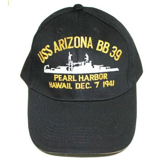Embroidered USS Arizona Battle Ship, Pearl Harbor Hawaii, Dec. 7 1941 cap hat, Black
