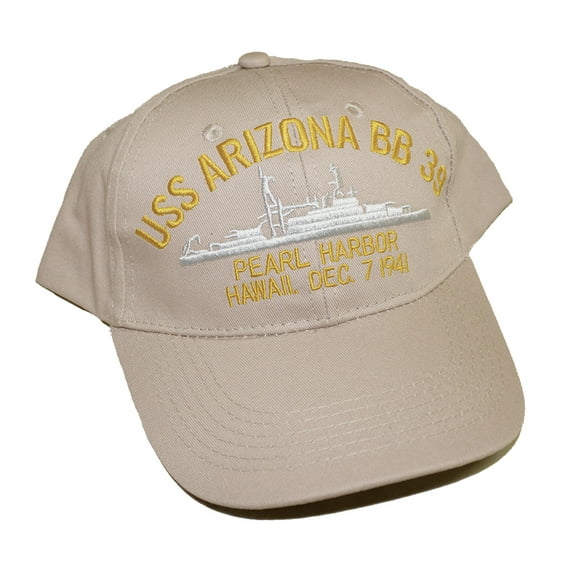 Embroidered USS Arizona Battle Ship, Pearl Harbor Hawaii, Dec. 7 1941 cap hat, Khaki