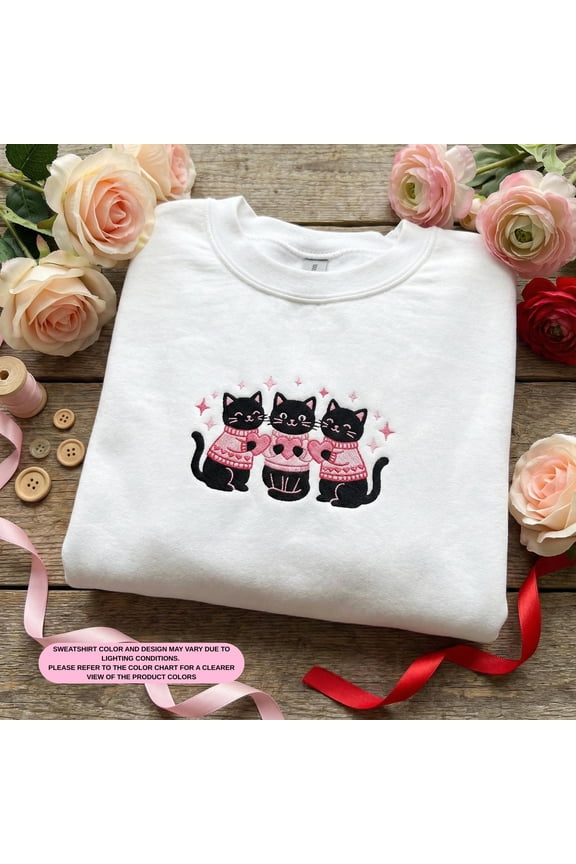 Embroidered Valentine Black Cat Sweatshirt, Cute Heart Kitty Crewneck, Cat Mom Sweater, Cat Lover Gift, White Pullover