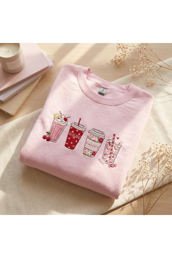 Embroidered Valentine Coffee Sweatshirt, Coquette Bow Iced Coffee Crewneck, Pink Latte Lover Gift, Heart Milkshake Sweater, Galentines Day