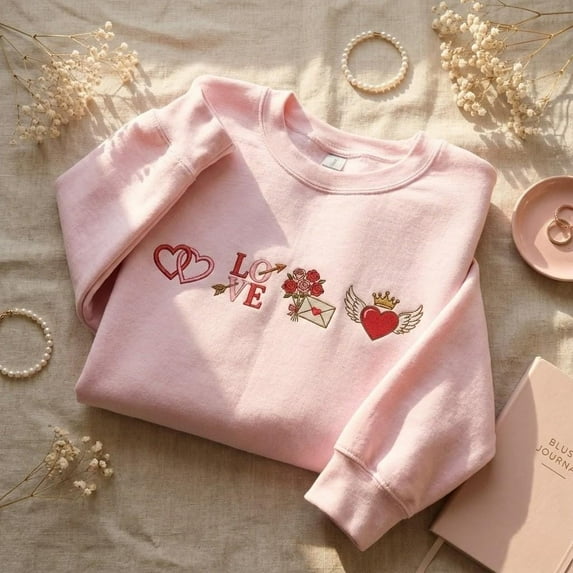 Embroidered Valentine's Day Sweatshirt, Love Heart Crewneck, Gift for Her, Cute Valentine Sweater, Romantic Love Letter & Rose Hoodie