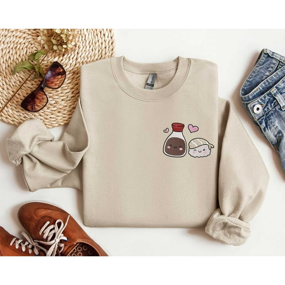 Embroidered Valentines Sushi And Soy Souse Embroidery Sweatshirt, Valentine Food Embroidered Sweatshirt, Food Lover Shirt, Trendy Valentine