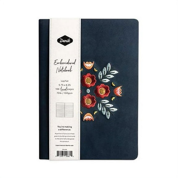 Embroidered Vegan-Suede Layflat Hardbound Journal, Evelyn's Floral Bouquet, College Rule, Dark Blue Cover, 8 x 5.5, 72 Sheets | Bundle of 10 Each