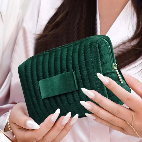 Embroidered Velvet Cosmetic Bag with High Quality Zipper, Portable Makeup Organizer for Travel Essentials, Soft Storage Pouch with Striped Design