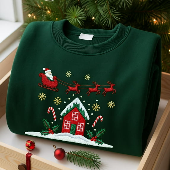 Embroidered Vintage Santa Crewneck Sweatshirt, Retro Christmas Sweater