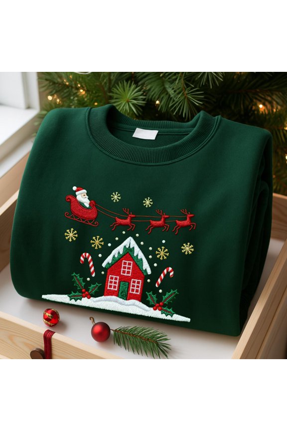 Embroidered Vintage Santa Crewneck Sweatshirt, Retro Christmas Sweater