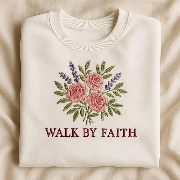 Embroidered Walk By Faith Sweatshirt, Floral Rose Lavender