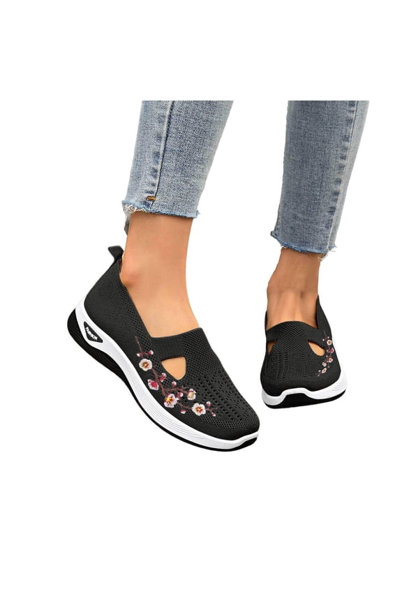 Embroidered Walking Shoes, Women's Flower Embroidered Slip On Knitting Flat Loafers,Mary Jane Breathable Elastic Mesh Platform Non Slip Memory Foam Mom Walking Nurse Shoes Casual Walking, Black 9
