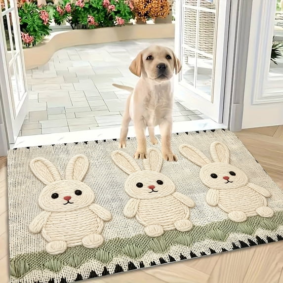 Embroidered Welcome Door Mat, Rubber Back Lamb Rabbit Pattern Door Rug, Non Slip Indoor Outdoor Front Door Mat, Decorative Rug for Entryway Kitchen Bathroom and Porch