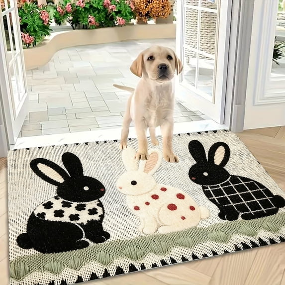 Embroidered Welcome Door Mat, Rubber Back Lamb Rabbit Pattern Door Rug, Non Slip Indoor Outdoor Front Door Mat, Decorative Rug for Entryway Kitchen Bathroom and Porch
