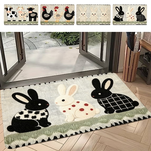 Embroidered Welcome Doormat, Rubber Backed Non-Slip Animal Mat, Lamb Rabbit Chicken Pattern Rug, Indoor Outdoor Floor Mat for Entryway, Kitchen, Bathroom, Porch & Home Use, 23.6*15.7in, A