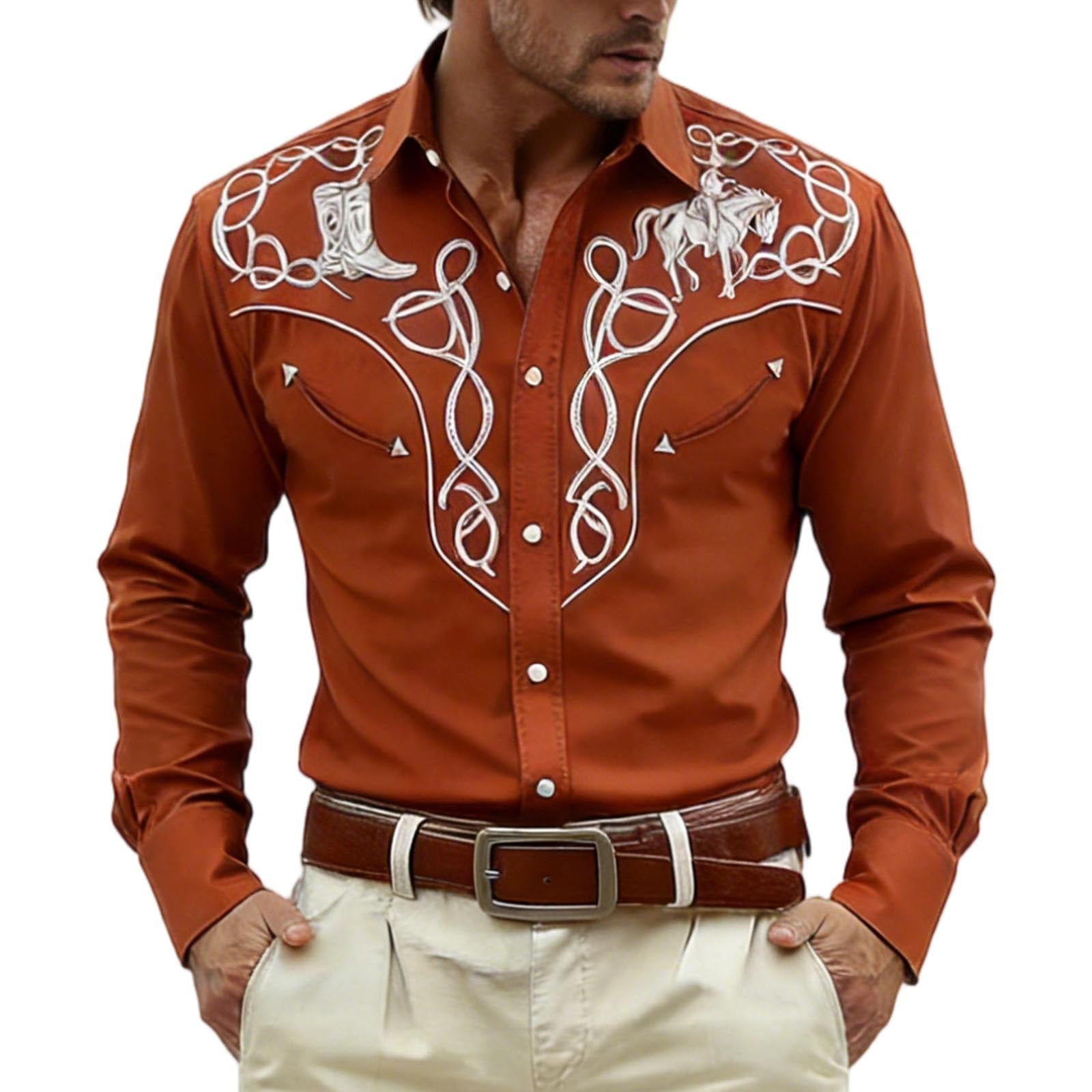 Embroidered Western Cowboy Shirts for Men Button Long Sleeve Shirt with ...