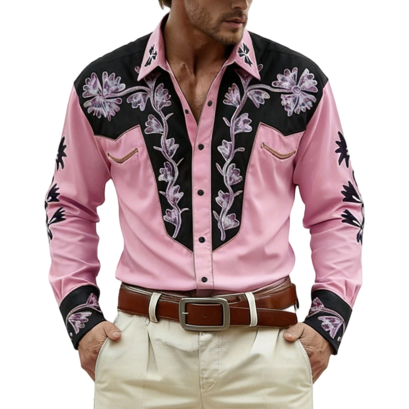 Embroidered Western Cowboy Shirts for Men Button Long Sleeve Shirt with ...