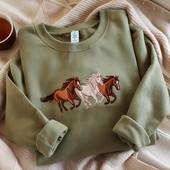 Embroidered Western Horses Sweatshirt, Trendy Animal Gift