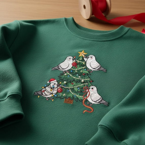 Embroidered White Pigeons Christmas Tree Sweatshirt, Festive Bird Crewneck, Holiday Decorating Animal Embroidery, Pigeon Gift