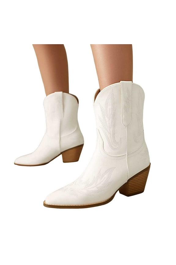 Embroidered Wide Calf Cowboy Boots for Women Vintage Pointed Toe Mid Heels Winter Fall Short Dress Cowgirl Booties