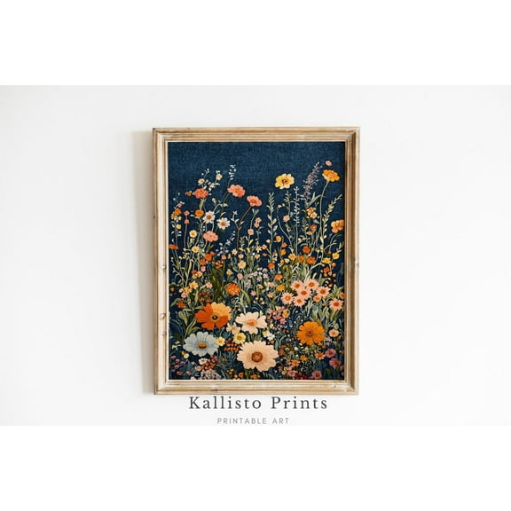 Embroidered Wildflower Art on Deep Indigo Fabric, Cottagecore Floral Textile Wall Hanging, Botanical Garden Tapestry for Cozy Interiors 1219, Unframed Poster Size 16x24