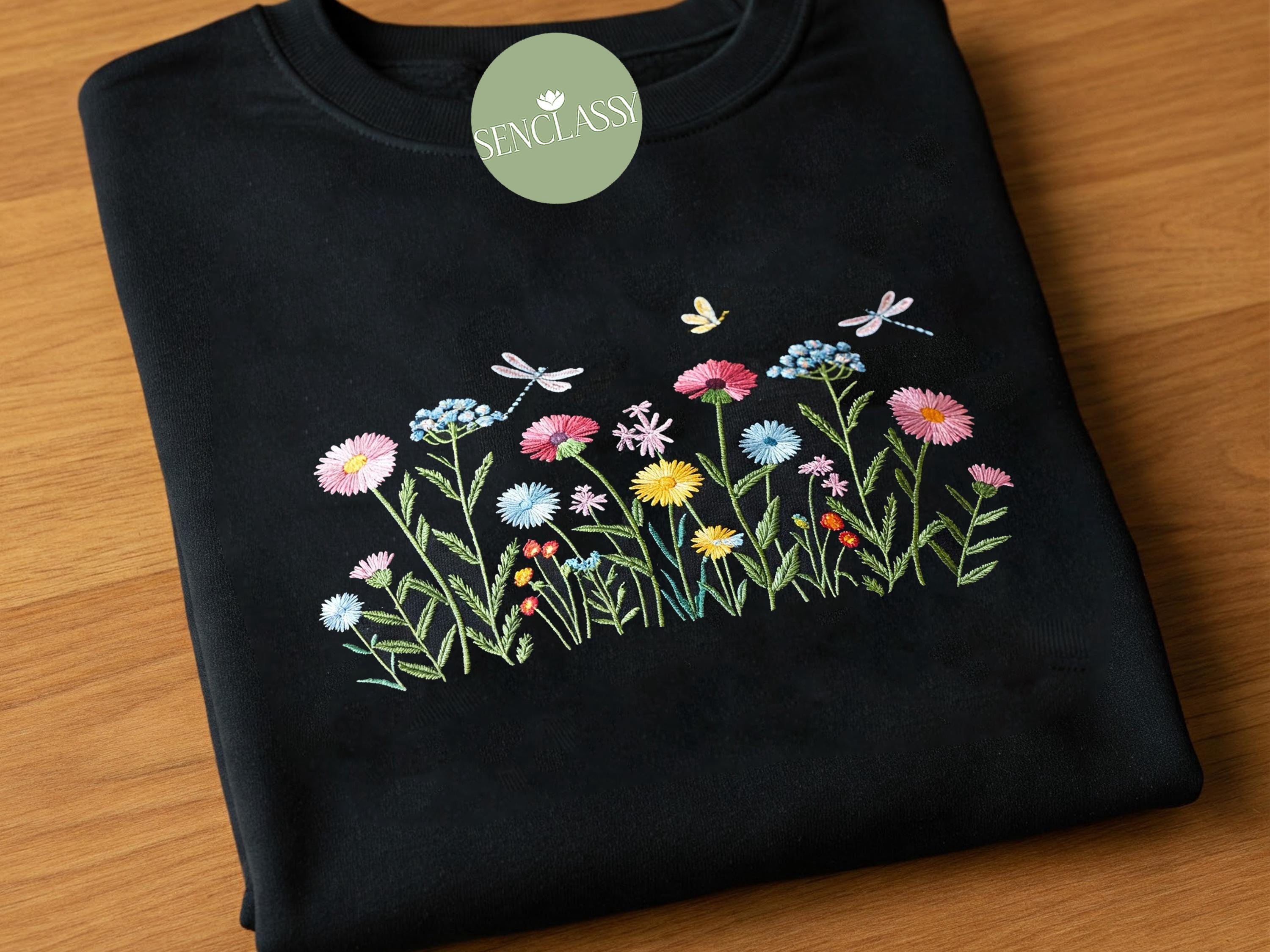 Embroidered Wildflower Botany Sweatshirt, Dragonfly And Flower ...
