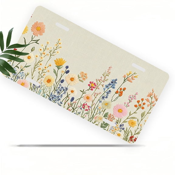 Embroidered Wildflowers Front License Plate, Metal License Plate, Funny Standard Plates Personalized Novelty Decorative For Men/Women/Boys/Girls Car 6×12 Inch
