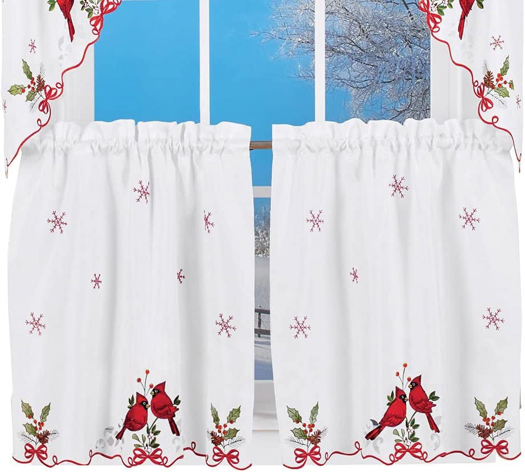 Embroidered Winter Cardinals Window Curtain Panels Collection, Red