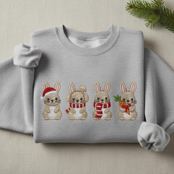 Embroidered Winter Rabbit Sweatshirt, Cute Christmas Bunny Shirt, Holiday Animal Crewneck, Cozy Wildlife Embroidery, Unique Gift Idea