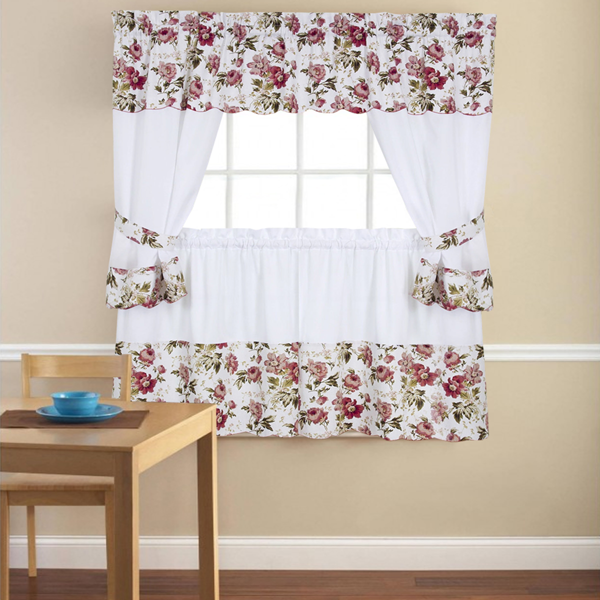 Embroidered Wisteria Rose 5 Piece Kitchen Curtain Cottage Set 24" or 36