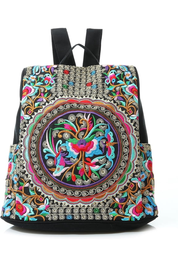 Embroidered Women Backpack Purse, Fashion Canvas Travel Anti- Rucksack Bag (Flower Embroidery)