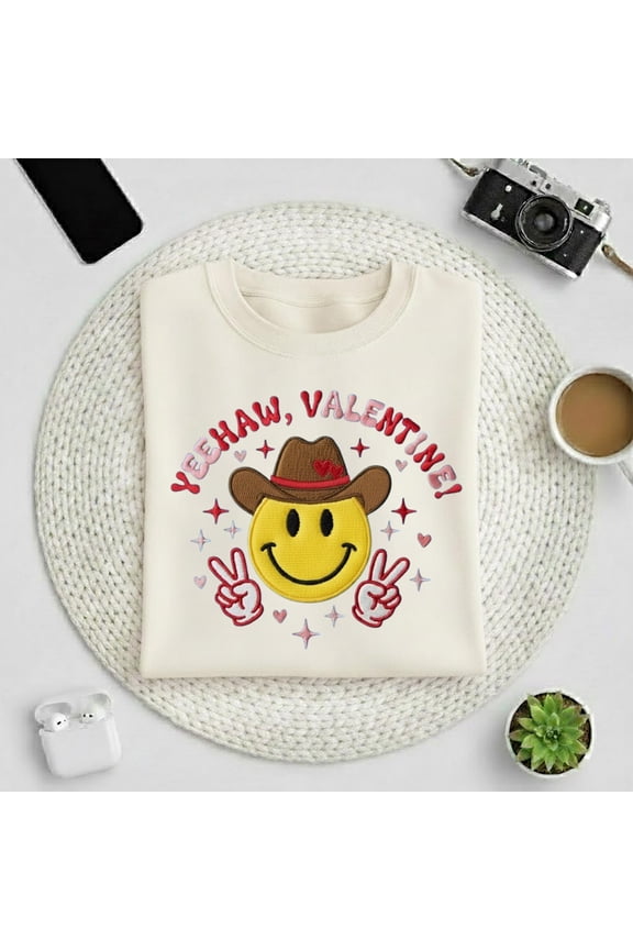 Embroidered Yeehaw Valentine Sweatshirt, Cute Western Valentine Sweatshirt, Smiley Face Sweatshirt, Embroidered Pink Smiley Face