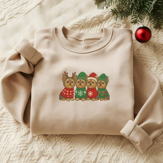 Embroidered Yorkshire Terrier Dog Santa Christmas Sweatshirt Christmas Dog Crewneck Women Christmas Sweater Xmas Dog Shirt Ugly Christmas