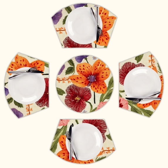 Embroidered floral textile art Round Table Placemats Set Of 5 Wedge Table Mats Washable Heat Resistant Place Mat For Dining Table Kitchen Farmhouse Restaurant