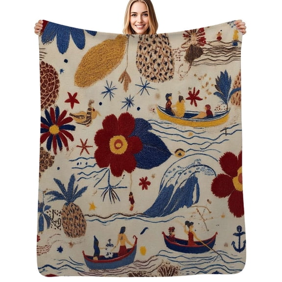 Embroidered floral tropical ocean scene Flannel Blanket Warm Soft Bedding Throws Winter Camping Chair Sofa Bed
