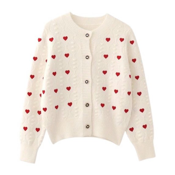 Embroidered heart-shaped knitted cardigan sweater for women V-neck single-breasted knitted sweater top autumn and winter women's coat jacket-Beige-L