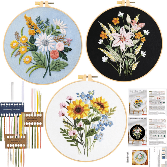 Embroidery 3 Set for Beginners, Stamped Embroidery Starter Set with Flower Pattern, DIY Embroidery Set for Adults, Cross Stitch Set, Art Craft Embroidery Handmade Embroidery Set Including Needles