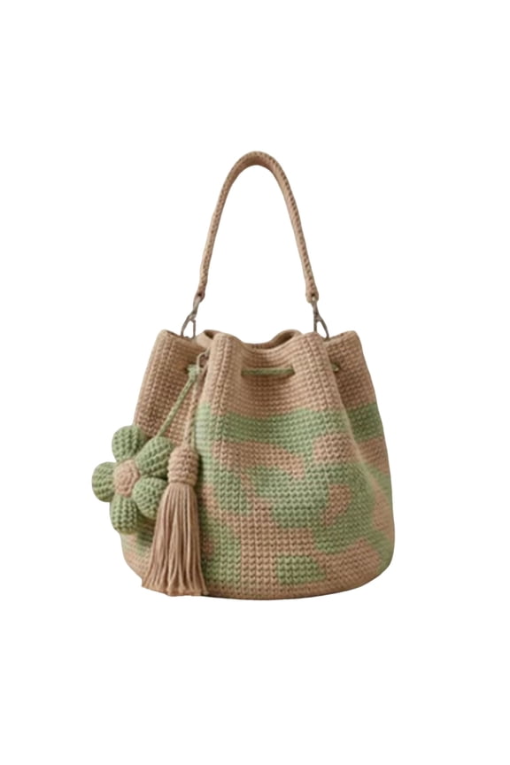 Embroidery Aesthetic Boho Bag, Drawstring Purse with Flower, Hand-Crochet Woven Beach Bag for Women Summer, Green