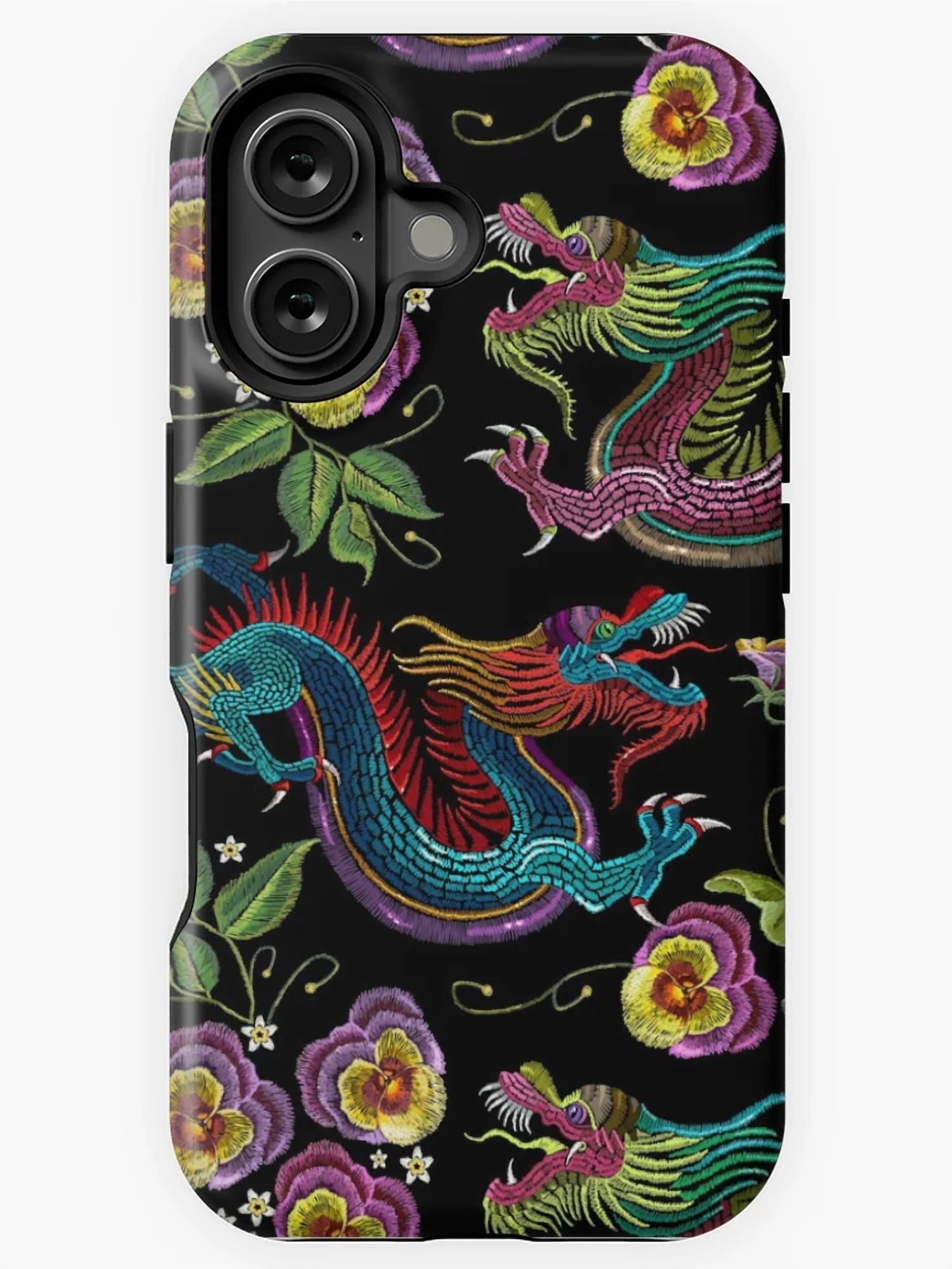Embroidery Asian Dragons iPhone Case for 16 15 14 13 12 11 Pro Max ...
