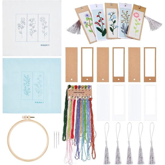 Embroidery Bookmark Set Floral Plant Stamped Embroidery Bookmark for Starter Adults DIY Counted Cross Stitch Kit with Needle Tassel Cards Embroidery Hoop Instructions DIY