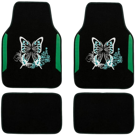 Embroidery Butterfly Car Floor Mats, Green Carpet Floor mats with Heel Pad, Universal Fit for Suvs,Sedans,Trucks,Cars, Set of 4 (Black and Green)