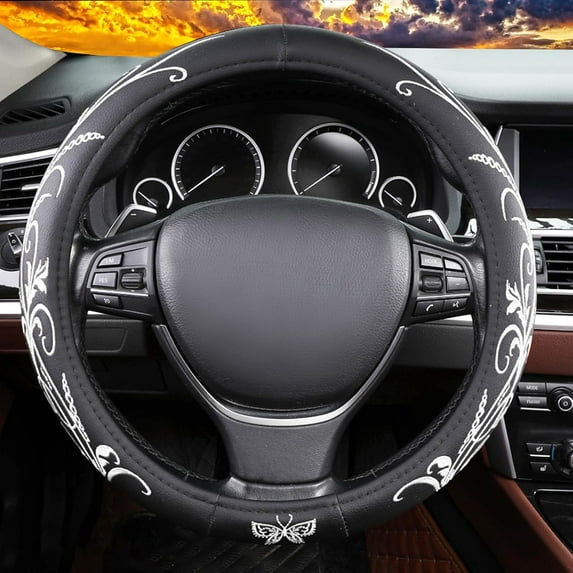 Embroidery Butterfly Car Steering Wheel Cover for Men Women 38 cm Universal Leather Covers Steering Wheels Accessories Breathable Anti-Slip Odorless