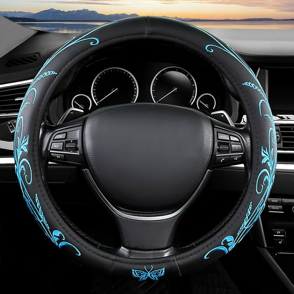 Embroidery Butterfly Car Steering Wheel Cover for Men Women 38 cm Universal Leather Covers Steering Wheels Accessories Breathable Anti-Slip Odorless