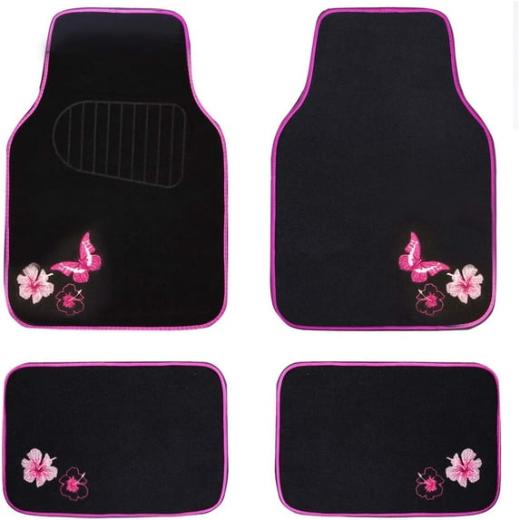Embroidery Butterfly and Flower Car Floor Mats, Pink Car Floor Mats Universal Fit 95% Automotive,SUVS,Sedan,Vans,for Cute Women,Girly,Set of 4 (Black with Pink)
