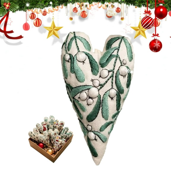 Embroidery Christmas Ornament Kits, Hand Embroidery Tree Hanging Ornament, DIY Heart Embroidery Christmas Decoration Cross Stitch Kit with Needles